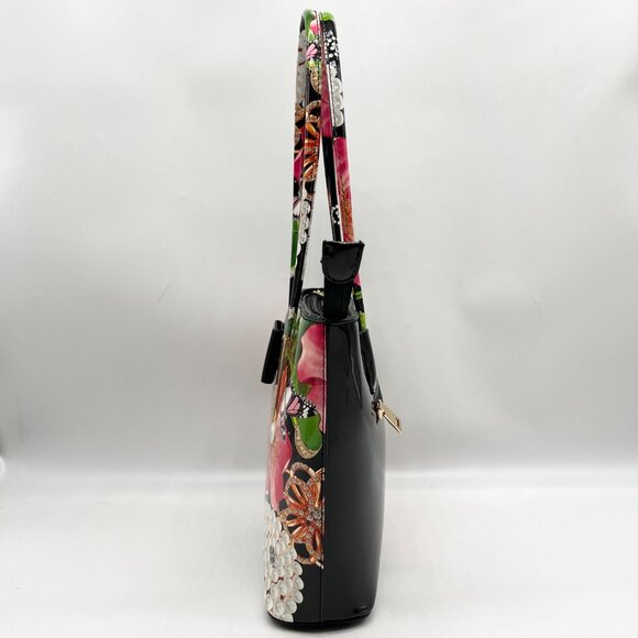 Unbranded Black Glossy Floral Shoulder Bag - Picture 4 of 10